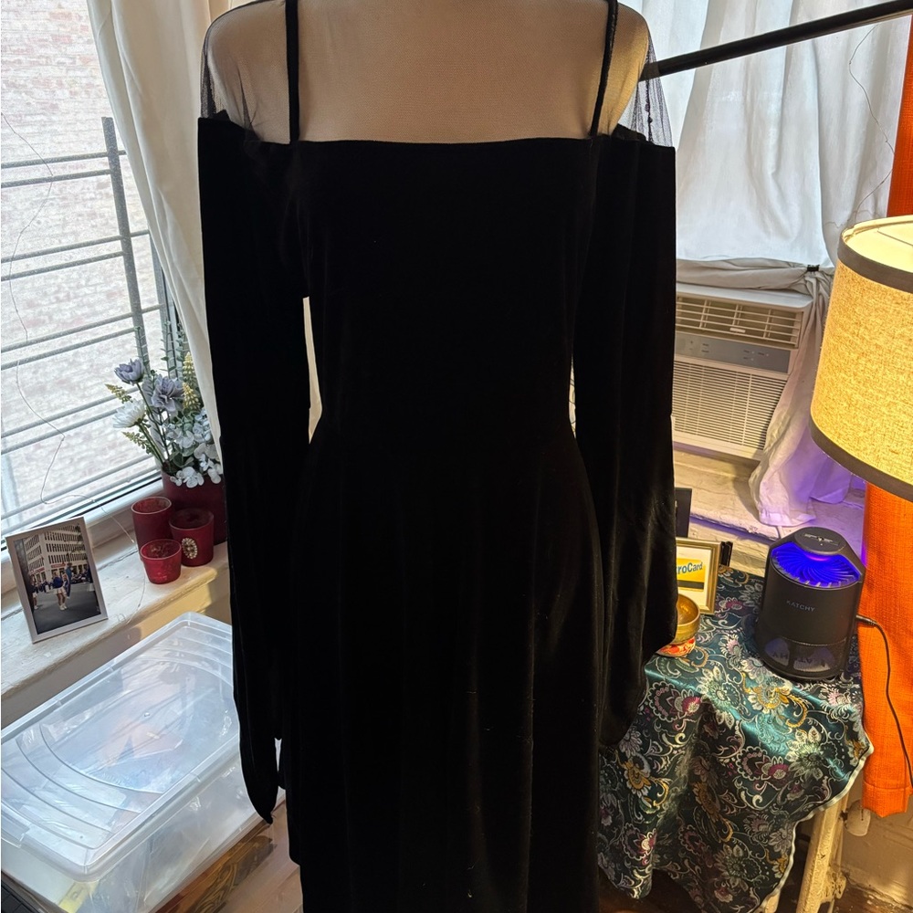 Velvet Black Goth Dress Tiered Hem and Winged Sleeves